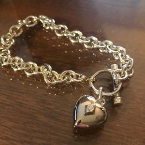 Sterling Silver Toggle Charm 7.5” link bracelet with heart and Cubic zirconia.